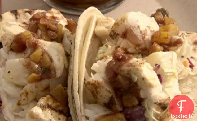 Tacos de Flétan avec Salsa à la pêche