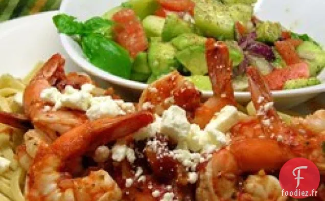 Pâtes de Tomates Rôties au Feu et Feta aux Crevettes