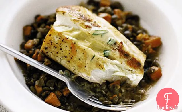 Flétan aux Lentilles et Sauce à la Moutarde