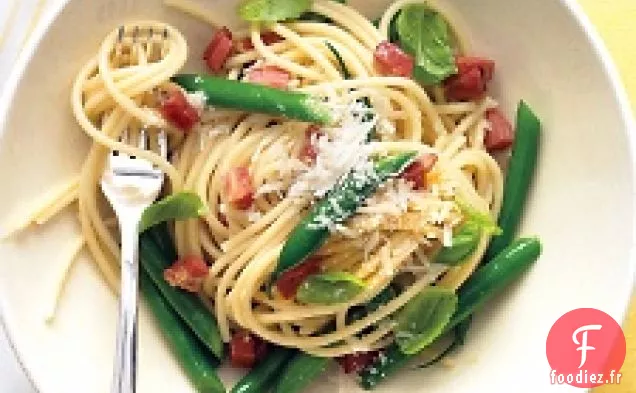 Spaghetti À La Pancetta, Haricots Verts Et Basilic