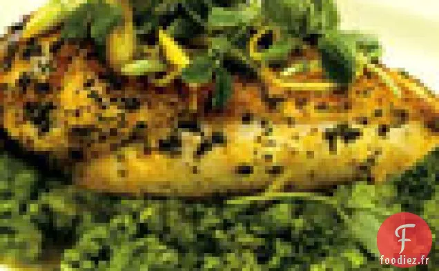 Poitrines de Poulet au Safran avec Purée de Pois Anglais, Pousses de Pois et Menthe