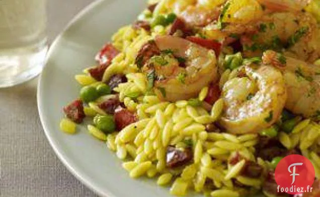 Orzo Au Coucher Du Soleil Avec Crevettes Espagnoles