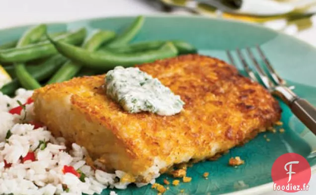 Flétan en Croûte de Flocons de Maïs avec Aïoli Chili-Coriandre