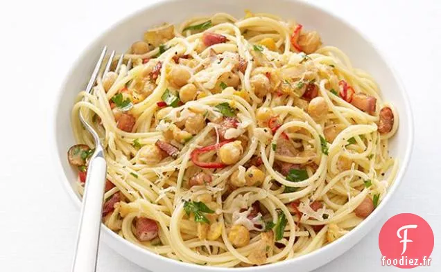 Spaghetti à la Pancetta et aux Pois chiches
