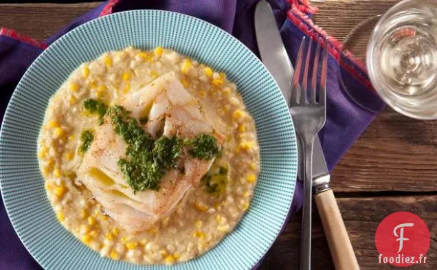 Morue du Pacifique Poêlée avec Vinaigrette à la Coriandre et Maïs à la Crème