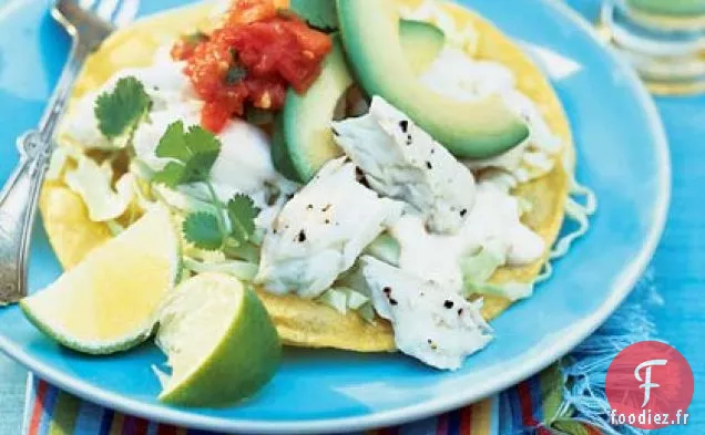 Tostadas de Flétan avec Sauce au Yogourt et au Citron Vert