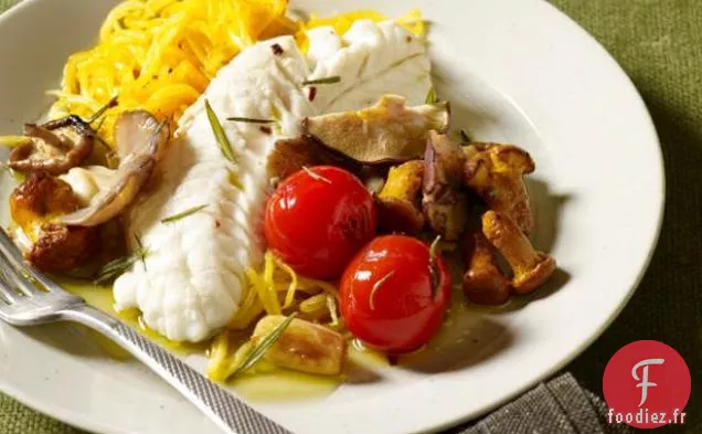 Agrodolce de Bar à la Courge Spaghetti et aux Champignons