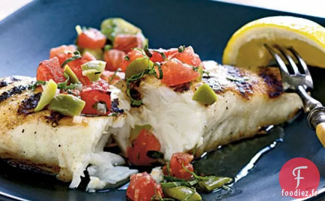 Flétan à la Tomate Grillée et à la Relish d'Olive