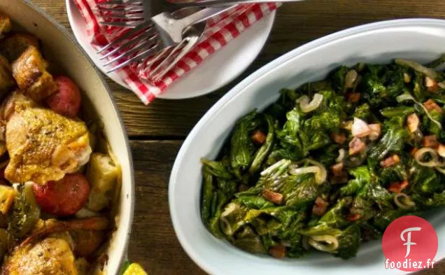 Feuilles de Moutarde sautées à la Pancetta