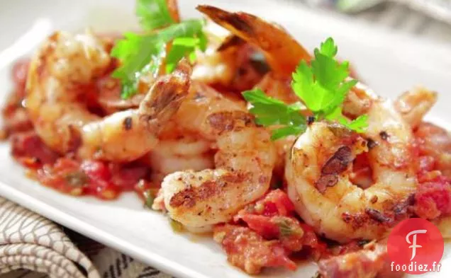 Crevettes grillées au Bacon, Tomate et Vinaigrette aux Échalotes