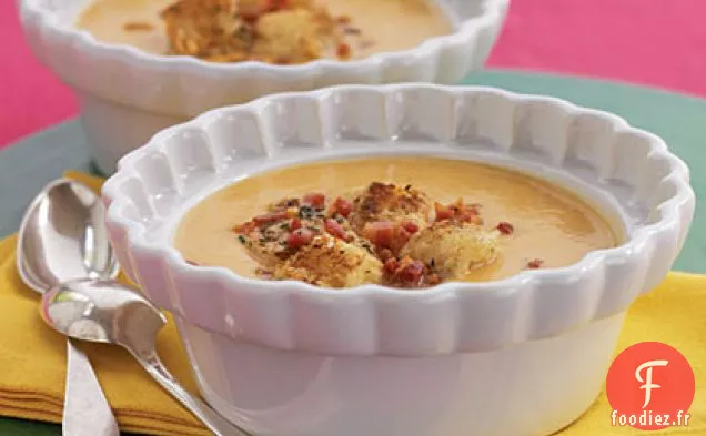 Soupe de Patates Douces aux Croûtons de Pancetta-Romarin