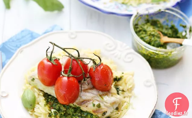Flétan Grillé Et Tomates Au Pesto Orzo