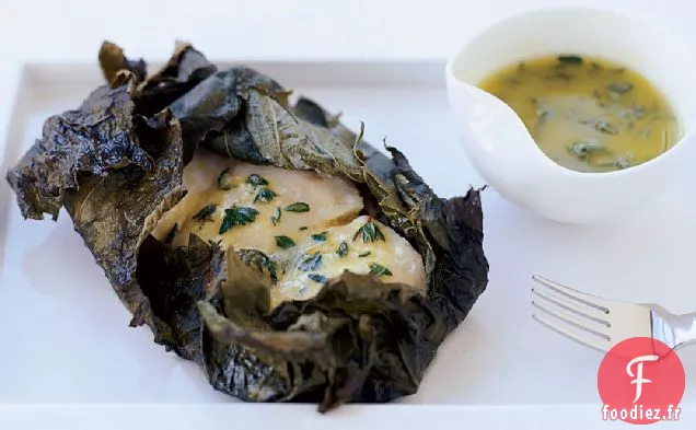 Flétan Rôti aux Feuilles de Vigne avec Vinaigrette au Citron
