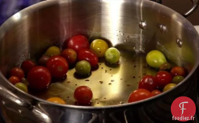 Tagliatelles aux Crevettes de Roche, Maïs et Tomates Cerises Éclatées