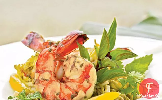 Crevettes à la Vietnamienne et Cœurs de Palme avec Salade de Nouilles au Thé Vert