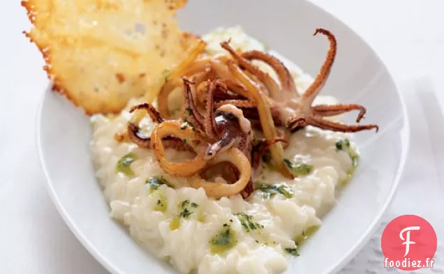 Risotto à l'Ail aux Calamars et Chips de Parmesan