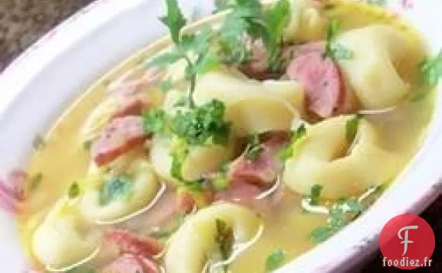 Soupe de Champignons, Poireaux, Saucisses de Poulet et Tortellinis