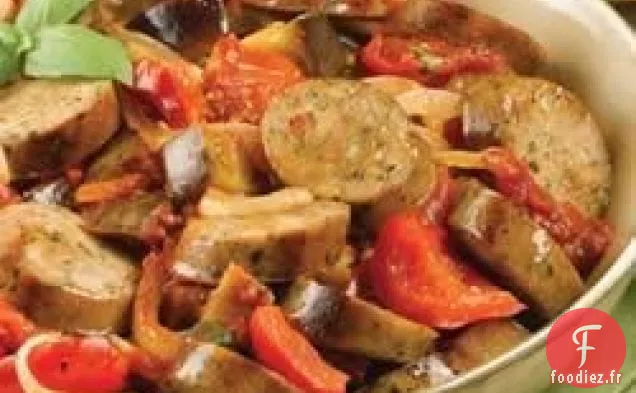 Ragoût de Saucisses de Poulet aux Tomates Séchées au Soleil avec Aubergines Rôties et Tomates