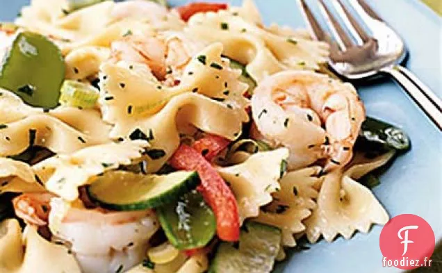 Farfalle aux Crevettes, Pois Mange-tout et Vinaigrette Gingembre-Sésame