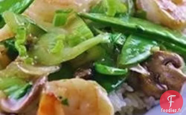Crevettes Sautées aux Pois Mange-tout et au Gingembre