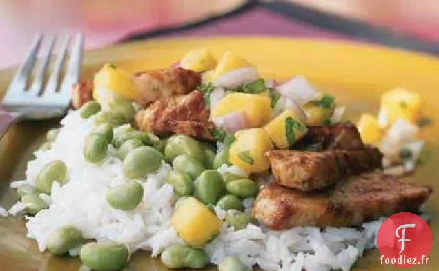 Poulet avec Salsa à la Mangue, Edamame et Riz à la noix de coco