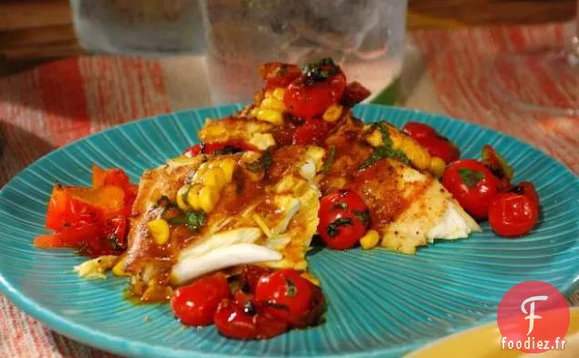Flétan Grillé avec Sauce Curry Maïs-Noix de Coco et Chutney de Tomates Cerises Grillées