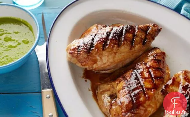 Poulet Glacé au Miel Grillé avec Sauce aux Pois Verts et à la Menthe