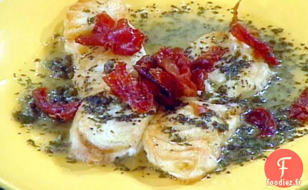 Flétan rôti à la poêle avec Prosciutto, Citron, Vin Blanc et Câpres