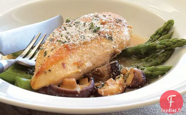 Poulet rôti à la poêle avec Asperges et Shiitakes