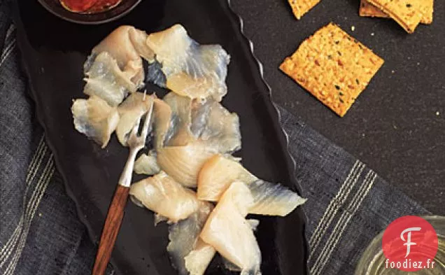 Gravlax de Maquereau avec Purée de Poivrons Rouges Rôtis