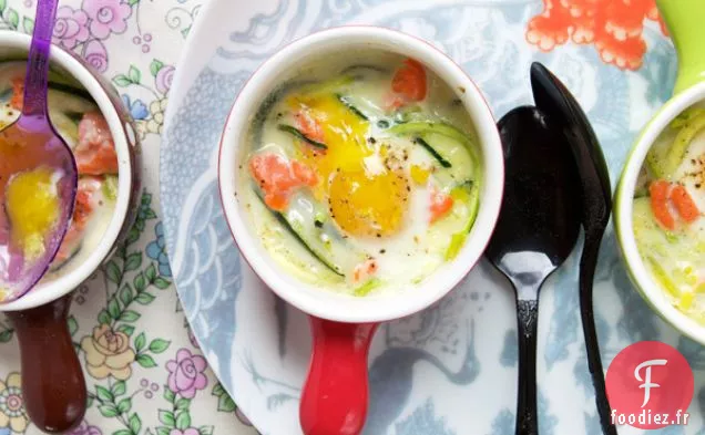 Oeufs De Caille En Cocotte Aux Poireaux, Courgettes En Julienne Et Fumées
