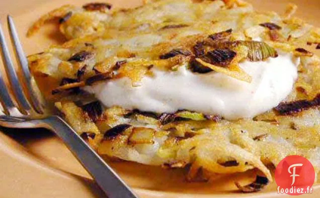 Latkes de Poireaux, Pommes de Terre et Carvi avec Crème Sure Épicée