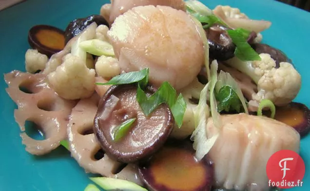 Pétoncles Sautés Au Saké Aux Légumes-Racines