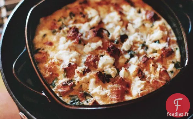 Pouding au Pain aux Oignons de Printemps et au Fromage de Chèvre