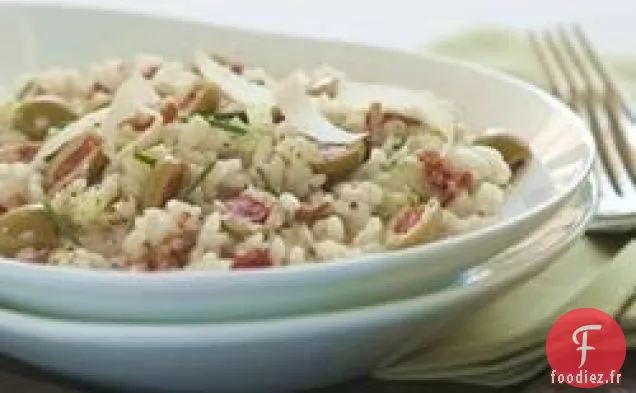 Risotto au bacon, poireaux et olives espagnoles