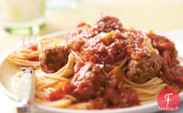 Spaghetti et boulettes de viande mijotés