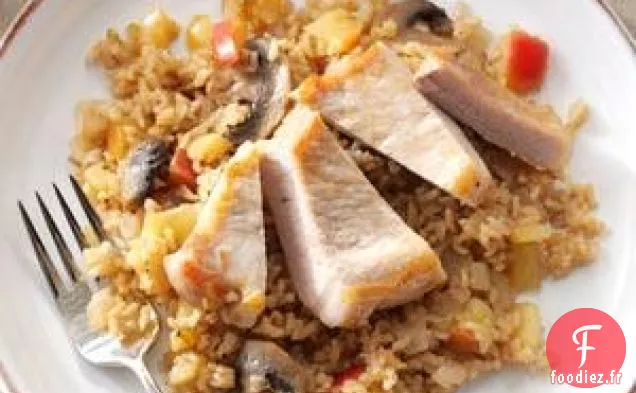 Côtelettes de porc et riz aux pommes et au vinaigre balsamique