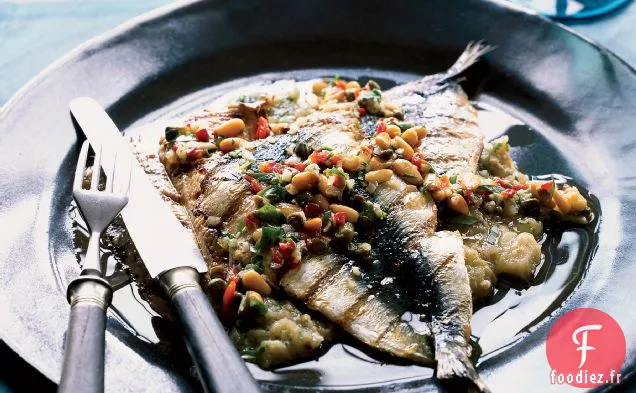 Sardines Grillées avec Purée d'Aubergines et Vinaigrette à l'Estragon