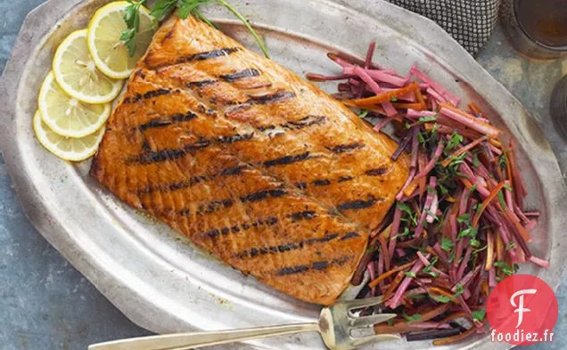 Saumon Grillé aux Panais et Carottes Glacés au Miel