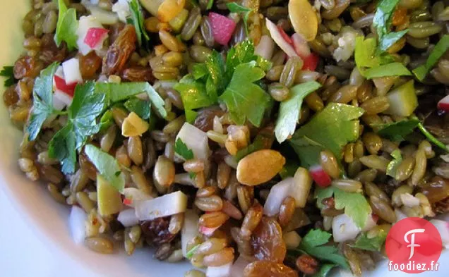 Pilaf D'Épeautre Au Radis Mariné, Graines De Citrouille, Raisins Secs Dorés
