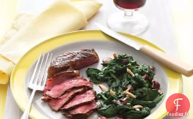 Steak Poêlé Aux Épinards, Raisins Et Amandes