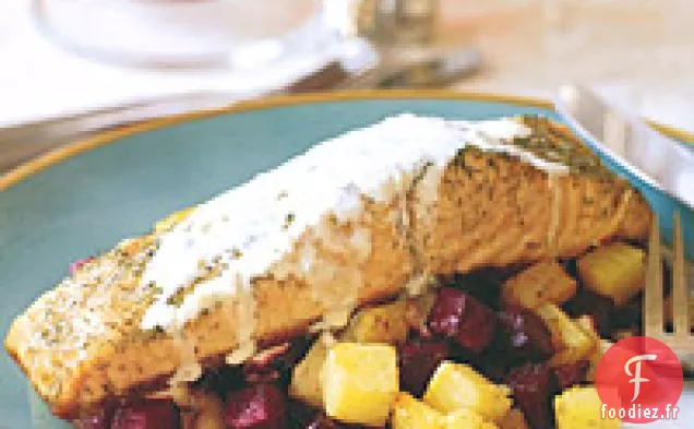 Saumon à la Crème de Roquette et Betteraves Braisées au Soja