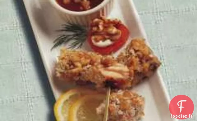 Bouchées De Saumon En Croûte De Noix Avec Trempette Au Gingembre Et À L'Abricot