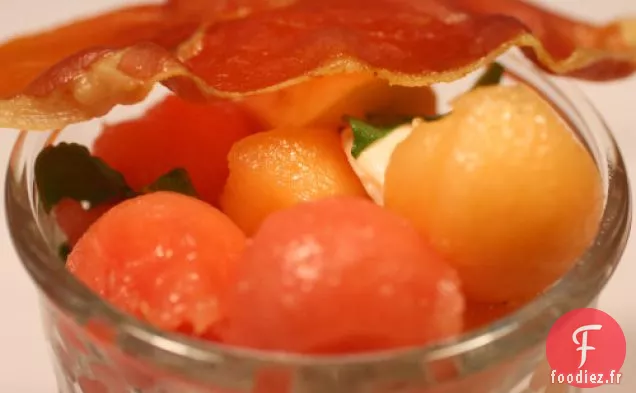 Salade De Melon Et Mozzarella Avec Vinaigrette À L'Eau De Rose Et Cris