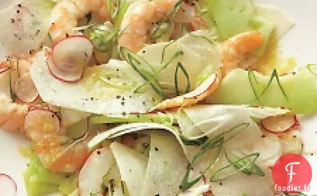 Crevettes Pochées Au Miellat, Radis, Jicama Et Échalotes