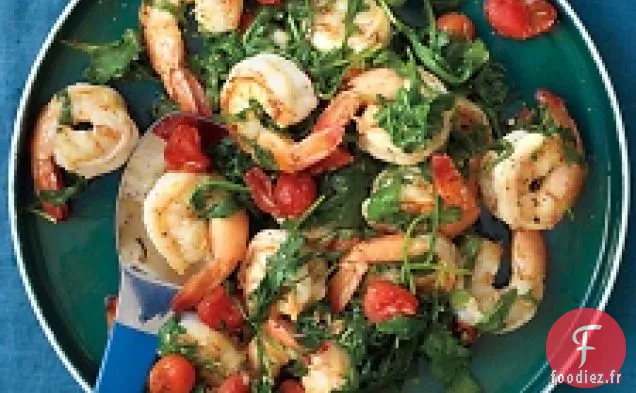 Crevettes Sautées À La Roquette Et Aux Tomates