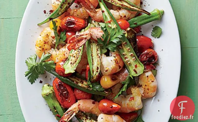 Gombo rôti à la poêle et Crevettes