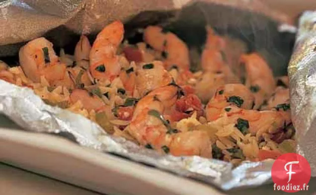 Crevettes au Basilic avec Féta et Orzo