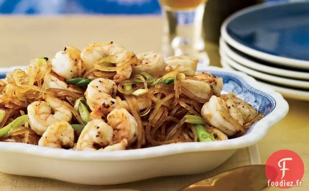 Crevettes Poêlées du Sichuan avec Nouilles aux Haricots Mungo