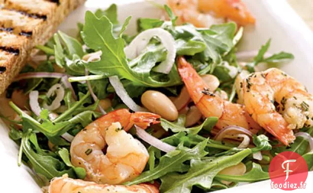 Crevettes au Romarin Rôties avec Roquette et Salade de Haricots Blancs